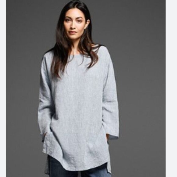 Eileen Fisher Top Women's Large Blue/Grey Organic Linen Chambray Split Hem - Picture 1 of 14